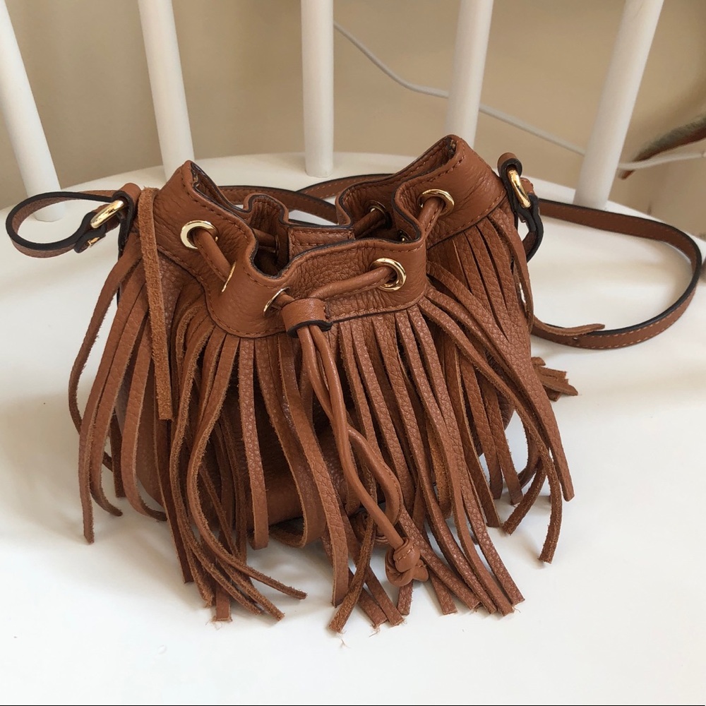 Fringe Mini Fiona Bucket Brown Pebbled leather bag